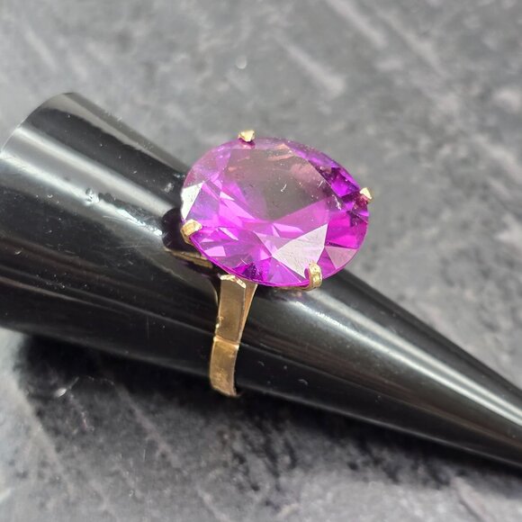 14K Gold Amethyst Solitaire Ring Large Round Gemstone Estate Size 7 HS136 - Picture 11 of 14